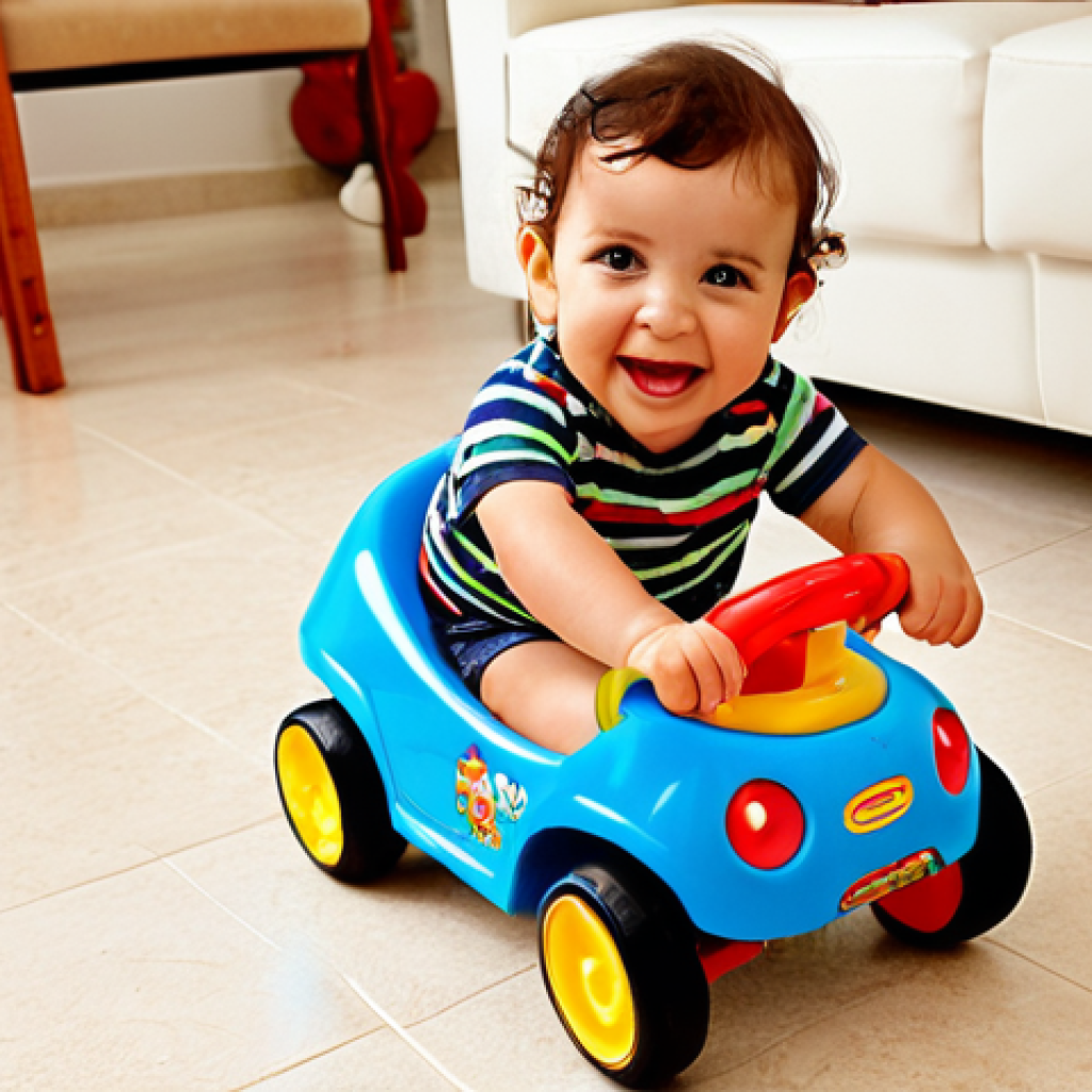 **

A vibrant, close-up shot of a toddler (approximately 18 months old) gleefully riding a *correpasillos* (walker toy) on a smooth, light-colored floor inside a brightly lit, modern Spanish home. The *correpasillos* should be colorful and have interactive elements like lights and sounds. Focus on the child's joyful expression and the sense of early movement and exploration. Subtle Spanish-style décor in the background.

**