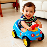 **

A vibrant, close-up shot of a toddler (approximately 18 months old) gleefully riding a *correpasillos* (walker toy) on a smooth, light-colored floor inside a brightly lit, modern Spanish home. The *correpasillos* should be colorful and have interactive elements like lights and sounds. Focus on the child's joyful expression and the sense of early movement and exploration. Subtle Spanish-style décor in the background.

**