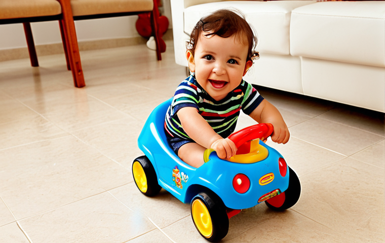 **
A vibrant, close-up shot of a toddler (approximately 18 months old) gleefully riding a *correpasillos* (walker toy) on a smooth, light-colored floor inside a brightly lit, modern Spanish home. The *correpasillos* should be colorful and have interactive elements like lights and sounds. Focus on the child's joyful expression and the sense of early movement and exploration. Subtle Spanish-style décor in the background.
**