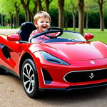 **A happy child driving a red electric sports car in a park.** This should capture the joy of a child with their new toy.