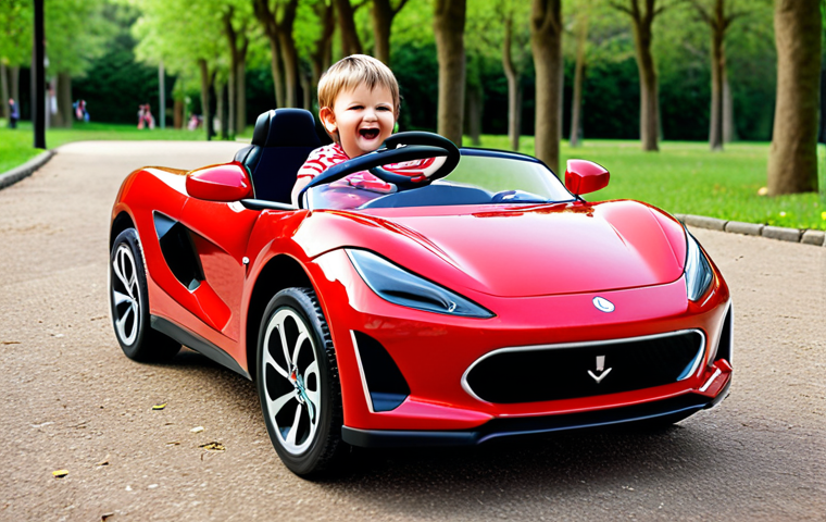 **A happy child driving a red electric sports car in a park.** This should capture the joy of a child with their new toy.