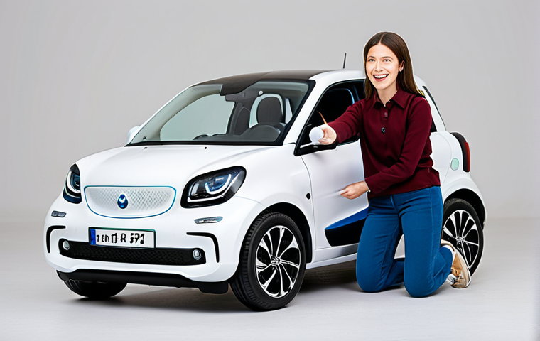 A friendly, professional female content creator, fully clothed in a modest, smart casual outfit. She is kneeling beside a vibrant children's electric car, pointing to a safety feature like a seatbelt or a parental remote control, explaining its function. Her expression is focused and informative. The setting is a brightly lit, clean studio with soft, neutral background elements, perhaps a workbench or shelving with other neatly arranged toy vehicles in the background, out of focus. professional photography, high detail, natural lighting, crisp focus, fully clothed, modest clothing, appropriate attire, professional dress, safe for work, appropriate content, family-friendly, perfect anatomy, correct proportions, natural pose, well-formed hands, proper finger count, natural body proportions.