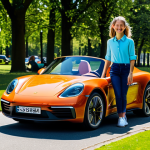 **

"A young child, fully clothed in a bright, stylish outfit appropriate for playing, smiles while 'driving' a realistic, miniature Porsche replica electric car in a sunny park. The car has working LED headlights and detailed interior. Background shows other families enjoying the park. Safe for work, appropriate content, perfect anatomy, natural pose, family-friendly."

**