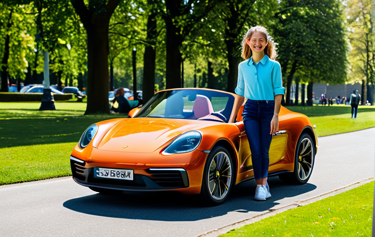 **
"A young child, fully clothed in a bright, stylish outfit appropriate for playing, smiles while 'driving' a realistic, miniature Porsche replica electric car in a sunny park. The car has working LED headlights and detailed interior. Background shows other families enjoying the park. Safe for work, appropriate content, perfect anatomy, natural pose, family-friendly."
**