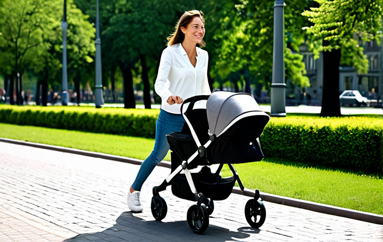 Convertible Stroller in a City Park**
A young parent pushing a convertible stroller in a sunny city park. The stroller is in "stroller mode," with a fully clothed baby looking comfortably at the scenery. The parent is wearing casual, appropriate attire. Background: lush greenery, other families enjoying the park. Safe for work, appropriate content, fully clothed, family-friendly, professional photography, perfect anatomy, natural proportions, well-formed hands.
**