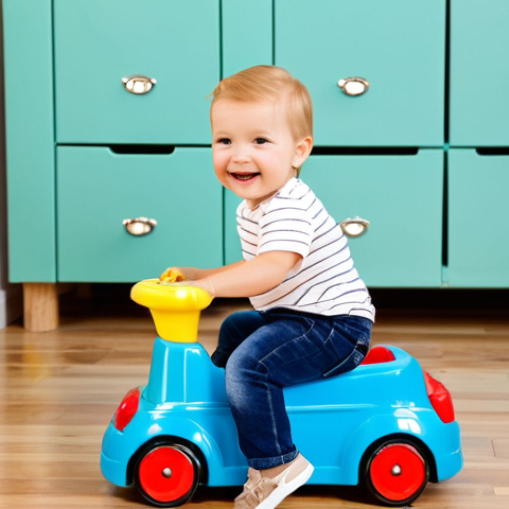 승용완구 연령대별 사용법 - **
A toddler (1-2 years old) happily pushing a bright-colored, stable ride-on toy across a wooden f...