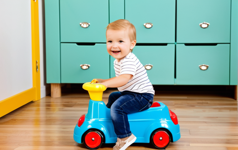 승용완구 연령대별 사용법 - **
A toddler (1-2 years old) happily pushing a bright-colored, stable ride-on toy across a wooden f...