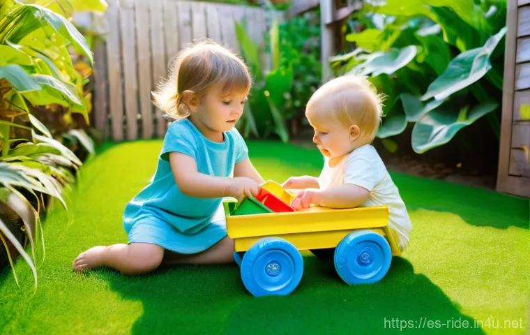 승용완구 친환경 소재 - **Prompt:** Two energetic children, approximately 6 and 7 years old, are laughing and playing with v...