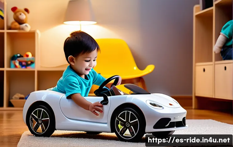 승용완구 조명 추가 - A colorful toy car with bright LED headlights and taillights glowing vividly in a dimly lit children...