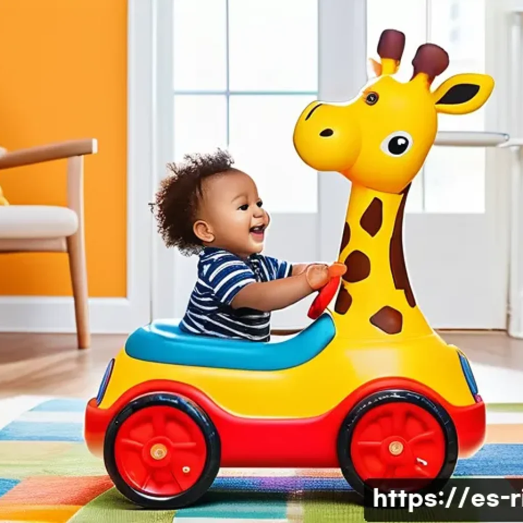 승용완구 동물 캐릭터 테마 - A toddler wearing a diaper riding a vibrant, giraffe-shaped push vehicle in a spacious, bright playr...