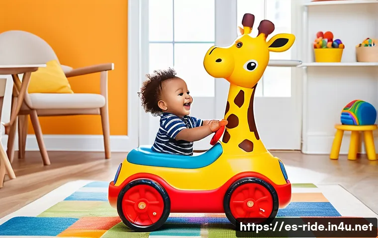 승용완구 동물 캐릭터 테마 - A toddler wearing a diaper riding a vibrant, giraffe-shaped push vehicle in a spacious, bright playr...