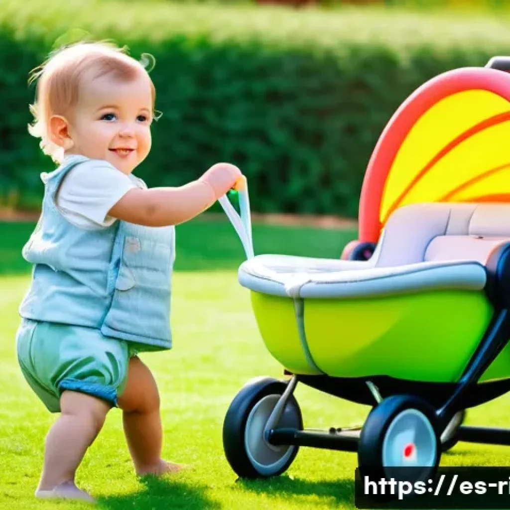 승용완구 품질 인증 - A cheerful toddler wearing a colorful diaper, happily pushing a modern, ergonomically designed strol...