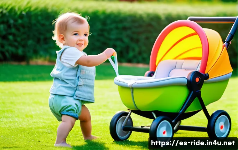 승용완구 품질 인증 - A cheerful toddler wearing a colorful diaper, happily pushing a modern, ergonomically designed strol...