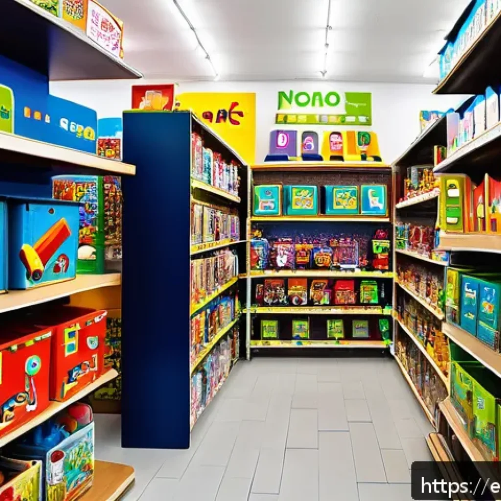 승용완구 KC 인증 제품 - A bright and cheerful toy store aisle in a modern Spanish city, filled with colorful toys all clearl...