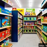 승용완구 KC 인증 제품 - A bright and cheerful toy store aisle in a modern Spanish city, filled with colorful toys all clearl...