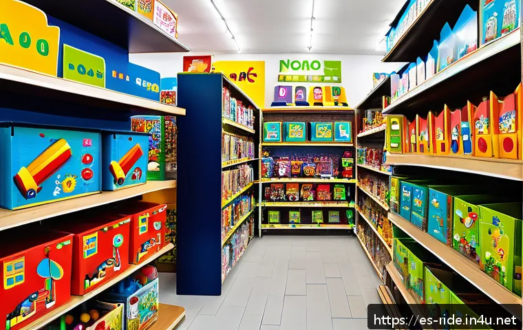 승용완구 KC 인증 제품 - A bright and cheerful toy store aisle in a modern Spanish city, filled with colorful toys all clearl...
