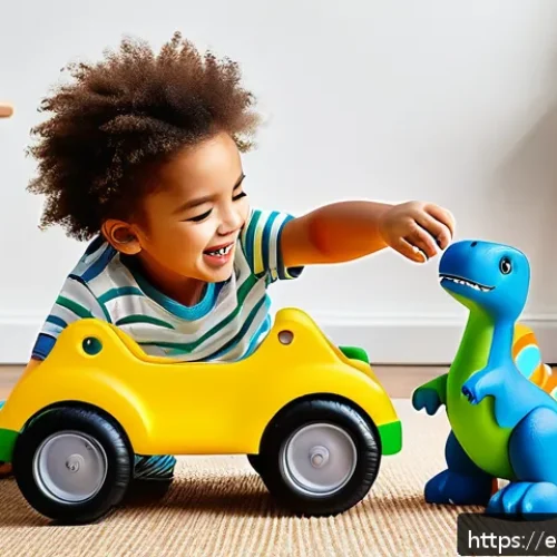 승용완구 공룡 테마 - A vibrant playroom scene featuring a young child aged 3 wearing a colorful diaper, enthusiastically ...