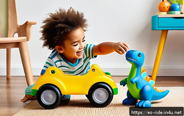 승용완구 공룡 테마 - A vibrant playroom scene featuring a young child aged 3 wearing a colorful diaper, enthusiastically ...