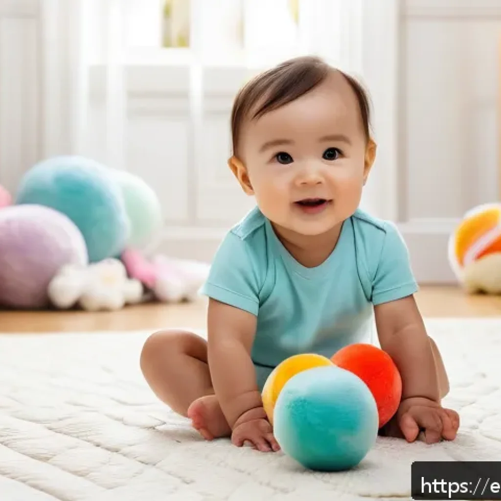 승용완구 기프트 카드 활용 - A cheerful toddler wearing a colorful diaper playing with soft sensory toys like plush balls and bri...