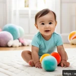 승용완구 기프트 카드 활용 - A cheerful toddler wearing a colorful diaper playing with soft sensory toys like plush balls and bri...