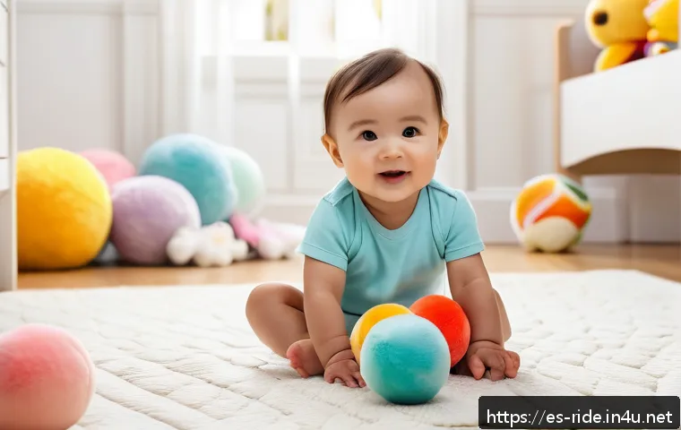 승용완구 기프트 카드 활용 - A cheerful toddler wearing a colorful diaper playing with soft sensory toys like plush balls and bri...