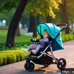 승용완구 LED 효과 - A vibrant outdoor scene featuring a toddler wearing a colorful diaper, joyfully pushing a sturdy LED...