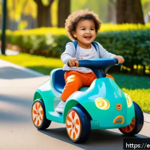승용완구 AI 기능 추가 - A cheerful Hispanic toddler wearing a colorful diaper, riding a smart electric ride-on toy equipped ...