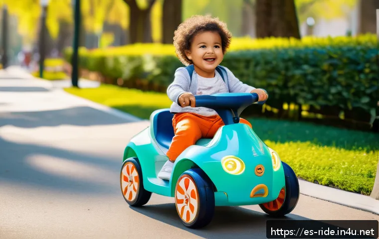 승용완구 AI 기능 추가 - A cheerful Hispanic toddler wearing a colorful diaper, riding a smart electric ride-on toy equipped ...