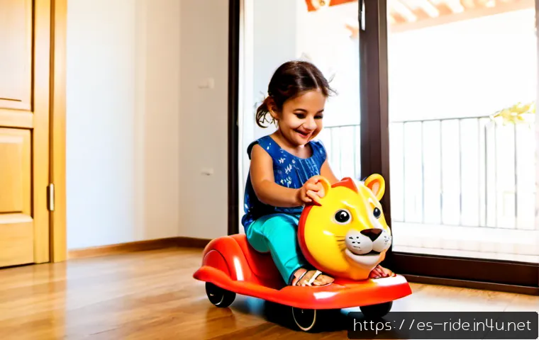 승용완구 인기 캐릭터 디자인 - Photorealistic product lifestyle scene in a bright Barcelona family apartment, a cheerful toddler we...