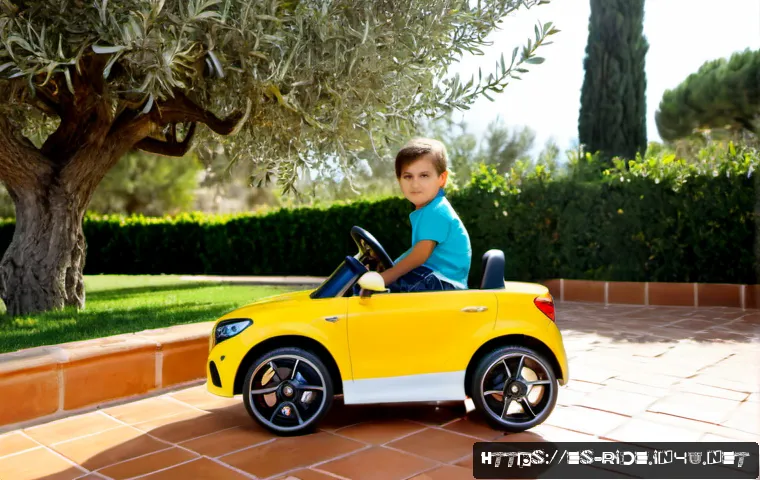Home 17 승용완구 대형 모델 - Photorealistic large battery-powered ride-on toy car for children, parked on a sunny terracotta-tile...