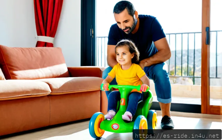 승용완구 부모 리뷰 - Photorealistic Spanish mother and father reviewing a sturdy toddler ride-on toy in a bright Mediterr...