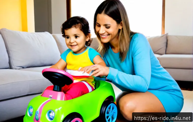Home 17 승용완구 음성 안내 - Photorealistic toddler in colorful everyday clothes safely seated on a battery-powered ride-on toy c...